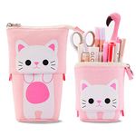 TOYESS Stand Pencil Holder,Telescopic Cartoon Cute Cat Pencil Case Cosmetic Durable Canvas Stationery Makeup Bag for Boys Girls Students and Office Supplies,Pink