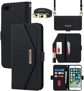 Cavor Crossbody Wallet Case for iPhone 7 Plus/ 8 Plus Case (5.5") Flip Cover Magnetic Leather Women Handbag Card Slots Holder Zipper Kickstand Purse with Detachable Shoulder Necklace Lanyard Strap--Black
