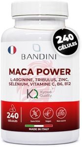Bandini® MACA POWER 240 Gélules - Maca noire enrichi avec Arginine Kyowa® + Tribulus + Vitamine C + Zinc + B6 + B12 + Sélénium - Anti-stress, augmente Endurance et Énergie - 100% Vegan