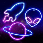 3Pcs Neon Signs, Alien Planet Rocket Led Neon Light Wall Decor for Bedroom Aesthetic,USB Powered or Battery Light Up Space Element for Kids Teen Room Living Room Gaming Room Birthday Christmas Gifts