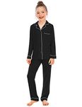 Alunsito Solid Pajamas for Girls Long Sleeve Sleep Shirt Set with Pants Two Piece Button-Down Sleepwear Fall Winter Night Suit, 140, Black, 9-10 Years