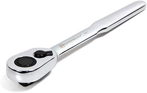 Powerbuilt Low Profile Ratchet, 3/8 Inch Drive, Slim Design Tight Spaces, Quick Thumb Button Socket Release, 649975, Silver