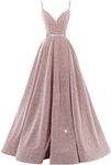 VKBRIDAL Women's V-Neck Prom Dresses Long Sparkly Ball Gown Side Split Glittery Spaghetti Formal Evening Gowns with Pockets, Blush, 6