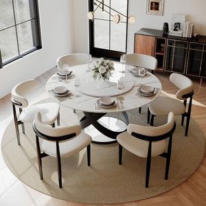 POVISON Round Dining Table Set for 6, Cotton Linen Dining Chairs Set of 6 with Glossy White Sintered Stone Dining Table with Lazy Susan(59" Dining Table + 6 Chairs)
