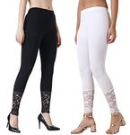 AAKRUSHI Women's Cotton Spandex Slim Fit Legging Lace Inset At Bottom Hem (Black And White, 2Xl/3Xl)