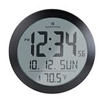 Marathon 10-Inch Round Digital Wall Clock, Black/Stainless Steel - Large, Easy-to-Read Display - AM/PM or 24-Hour Time, Eight Time Zones, Indoor Temperature, Date