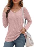 WNEEDU Long Sleeve Shirts for Women Lightweight V Neck Sweaters Casual Loose Tunic Tops Coral Pink Medium