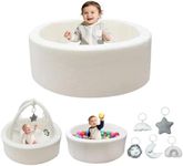 MEOGETY Baby Ball Pit with 5 Hanging Toys & Removable Play Arch for Toddlers Soft Foam Activity Center for Girls Boys Great Gift, Easy to Assemble & Clean, Teddy White