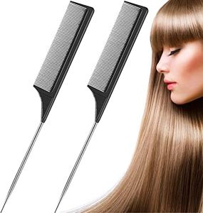 2 Pack Rat Tail Comb, Stainless Steel Pintail and Heat Resistant Carbon Fiber Teasing Parting Hair Comb for Women Girls