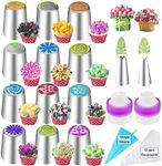 27Pcs Russian Piping Tips Set,Flower Frosting Tips For Cake Cupcake Decorating,12Russian Icing Tips,2Leaf Piping Tips,10Disposable Pastry Bags,1Reusable Silicone Pastry Bag,2Couplers Baking Supplies