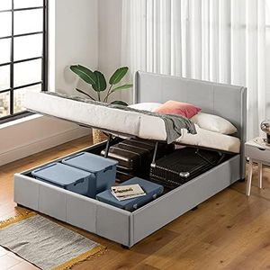 Double Bed Frame, Zinus Fabric Upholstered Bed Base with Gas Lift Storage, Light Grey, Bedroom Furniture