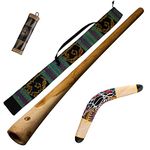 Australian Treasures - AT ''Dreamtime'' package: wooden didgeridoo 120cm - bag - wooden boomerang 40cm - rainstick/shaker 20cm