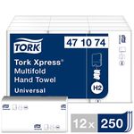 Tork Xpress Multifold Paper Hand Towels 471074 - H2 Universal Interfolded Hand Towels for Dispenser - Economic, 1-Ply, White - 12 x 250 Sheets