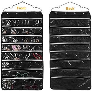 56 Pockets Large Zippered Dual Sided Jewelry Hanging Organizer Necklace Earrings Bracelets Rings Accessories Storage Bag Wall Mounted Door Cabinet Hanger Holder Clear Pouch Display Foldable for Travel