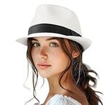 Straw Fedora Hat for Women Men Packable Short Brim Roll Up Trilby Hat Panama Summer Beach Sun Hat UPF 50+, White, S-M