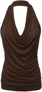 FASHIONOLIC Women's Casual Halter Neck Draped Front Sexy Backless Tank Top (S-3XL) (CLLTJ316) Brown 1X