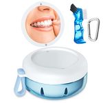 Denture Bath Box, Retainer Case for Braces, Leakproof Portable Retainer Box, Denture Cleaning Kit with Cleaner Brush Carabiner, Strainer & Mirror, Denture Cup for Aligner Retainer Mouth Guard