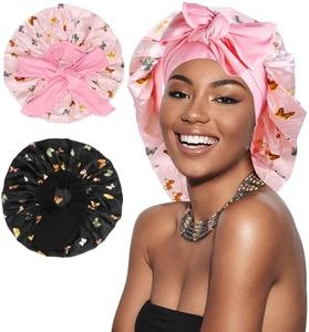 Arqumi Pack of 2 Satin Sleeping Bonnet, Large Satin Sleep Bonnet, Long Strap, Adjustable Sleep Cap Hair Bonnet with Butterfly Pattern, Black+Pink
