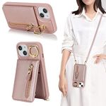 Jaorty for iPhone 14 Plus Case for Women with Card Holder,Phone Case Wallet for iPhone 14 Plus with Strap,Crossbody Lanyard Cases with Credit Card Slots Kickstand with Ring Holder,6.7" Rosegold