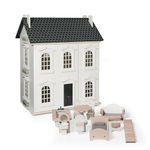 Hooga Multi-Level Wooden Dollhouse with Furniture Set Included, Large 3-Storey Pretend Playset Toys for 20cm Dolls, Miniature Gift for Girls & Kids - 55x26x65cm (White/Grey)