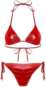 TiaoBug Women's Metallic Shiny Halter Padded Triangle Self Tie Bikini Bathing Suits 2 Piece Bikini Swimsuits Red Large