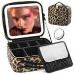 Makeup Bag with Light Up Mirror, Lighted Travel Makeup Bag Organizer, Makeup Bag with Mirror and Light 3 Colors Adjustable Brightness, Travel Makeup Train Case Portable Cosmetic Bag for Women(Leopard)