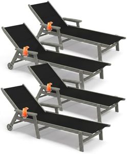 PLUUV HDPE & Textilene Outdoor Lounge Chairs Set of 4, Patio Chaise Lounge Chairs for Outdside with 5-Position Adjustable Backrest & Cup Holders & Wheels for Deck, Poolside -Black