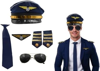 Nicky Bigs Novelties Pilot Costume Men Accessories - Men's Airline Captain Accessories with Aviator Sunglasses, Epaulettes, Captain's Hat, Badge - For Halloween, Themed Parties, Blue Gold, One Size