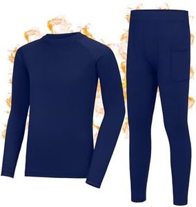 Roadbox Boys Thermal Underwear Sets Ultra Soft FLeece Lined Long Johns Base Layer Top and Bottoms with Pockets Blue