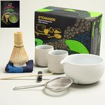 TEANAGOO Matcha Whisk Set Matcha Bowl with Pouring Spout Bamboo Matcha Whisk Scoop Matcha Whisk Holder Tea Making Kit. 1 Japanese Tea Set (7pcs) +2 Cups(7.2oz), S3,Lt.Grey, Color Box Packing