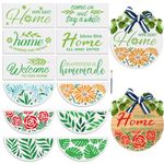 MAYJOYDIY 12pcs Flower Leaves Welcome Stencils for Painting On Wood 12" Half Round Stencils Daisy Rose Tropical Leaves Home Sweet Pattern with Paint Brush for Front Door Outside Porch Signs