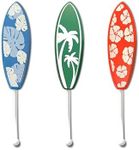 Tropical Surfboard Wall Hooks, Set of 3, Blue/Green/Red Beach Theme Hooks, 9” Tall