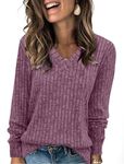 Aokosor Long Sleeve Tops Women UK- V Neck Jumpers for Women Ladies Basic Lightweight Tunic Purple Size 10-12