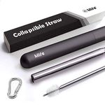 Mlife Black Foldable Reusable Straws - BPA Free Portable Stainless Steel Metal Drinking Straw with Travel Case & Cleaning Brush & Carabiner