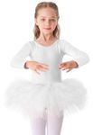 Bezioner Girls' Ballet Tutu Dress Cotton Dance Leotard with Skirt Long Sleeve Ballerina Outfit White 140