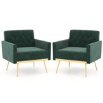 Giantex Modern Velvet Accent Chair Set of 2, Mid-Century Upholstered Single Sofa Chair w/Button Tufted Back, Gold Metal Legs, Adjustable Foot Pads, Comfy Living Room Armchair for Bedroom, Dark Green