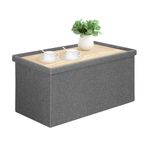 Bonlife Large Grey Foldable Ottoman Bench with Coffee Table,Linen Toys Chest with Lid,Footstool for Living Room,Support 250KG,76x38x38CM