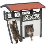 PawHut Outdoor Cat House Kitten Shelter Puppy Kennel with Balcony Stairs Asphalt Roof, 77 x 50 x 73 cm, White