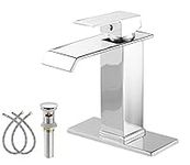 Bathroom Faucet Chrome Waterfall with Pop Up Drain for Sink 1 Hole Bathroom Sink Faucet Bath Lavatory Vanity Stopper Overflow and Supply Hose Single Handle Square Modern Commercial