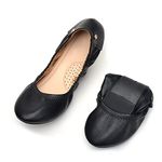 KUNWFNIX Women Ballet Flats PU Leather Foldable Ladies Comfort Round Toe Slip on Flats Low Wedge Casual Dress Flat Shoes, Black, 10