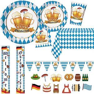 Serves 24| Ultimate Oktoberfest Party Supplies | 9" Dinner Plates | 7" Dessert Plates | 24 Cups - 12 Ounce | 2 Table Cover | 24 Lunch Napkins | 2 Pennant Banners | 1 Banner | 1 Door Banner |