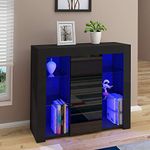 Panana High Gloss Sideboard Cupboard with LED Lights and 4 Glass Shelves Display Cabinet Storage Unit for Living Room Bedroom (Black)