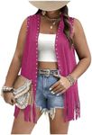 Verdusa Women's Plus Size Fringe Vest Faux Suede Rivets Sleeveless Tassel Jacket Hot Pink 3XL