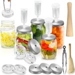 Fermentation Kit for Wide Mouth Mason Jars-4 Stainless Steel Fermentation Lids,4 Glass Fermentation Weights,1 Silicone Tong,1 sauerkraut pound, 1Wooden Handle Brush Cleaner（ Jars Not Included ）