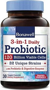 BonaFine 3-in-1 Daily Probiotics 120 Billion CFU 32 Strains with Organic Soluble Prebiotic, Natural Digestive Enzyme for Gut Health, Digestion & Immunity, Shelf-Stable Delayed-Release, 30 Veggie Caps