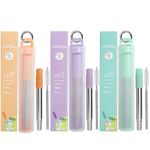 Bryzaxu Reusable Straws 3 Pack Metal Straws Reusable Portable Collapsible Stainless Steel Drinking Straws Travel Straw with Case, Cleaning Brushes, Silicone Tips, Keychain (Orange-Purple-Green)