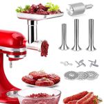 Stainless Steel Food Grinder Aattachment for KitchenAid Mixers, Dishwasher Safe, Included 3 Sausage Stuffer Tubes and 1 Metal Knob Screw Replacement