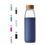 veegoal 25oz, 18oz Borosilicate Glass Water Bottles with Bamboo Lid, BPA-Free Non-Slip Silicone Sleeve, and Bonus Stainless Steel Leak Proof Lid- Reusable Water Bottles for Women and Men (25 Oz, Sapphire blue)