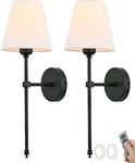 TOTLAC 2 PCS Farmhouse Battery Operated Wall Sconces Set of Two Black Remote Wireless Wall Light Vintage Long Arm White Fabric Candle Gold Wall Mounted Lamp for Bedroom Bedside Living Room