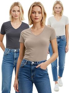 Emmalise Women's Plain Short Sleeve V Neck T Shirt(3P-Chrcl/Taupe/Oat-3X)